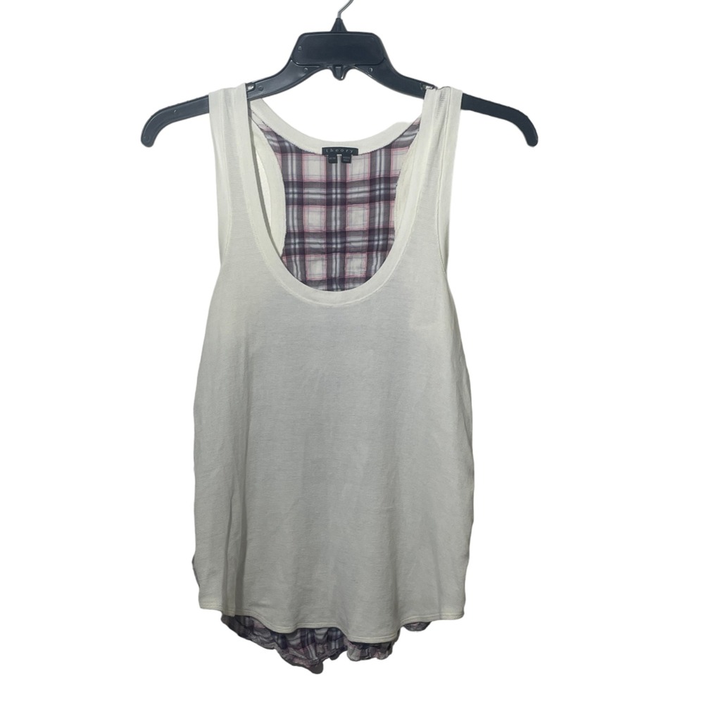 Theory Medium Women's Plaid Ivory Razor Back Tank Cotton Blend